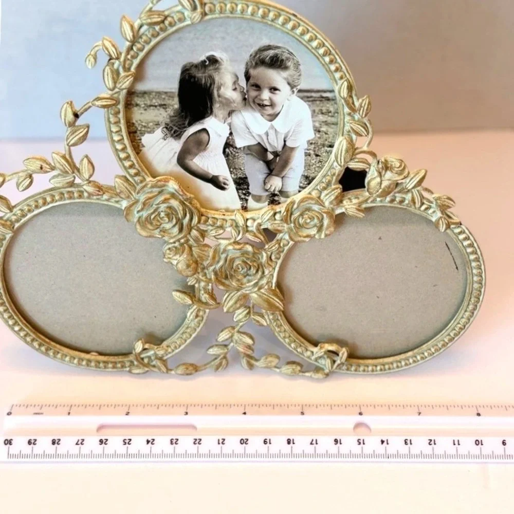 Vtg Burnes Boston Triple PhotoFrame 8X7 Antiqued Roses Birds Victorian Cottage